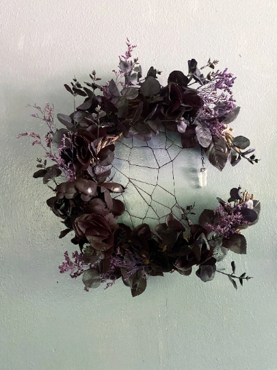 Magical Crystal Black flower Crescent Moon Wreath, cleansing clear Quartz crystal, witchy home decor, nature cleansing protection